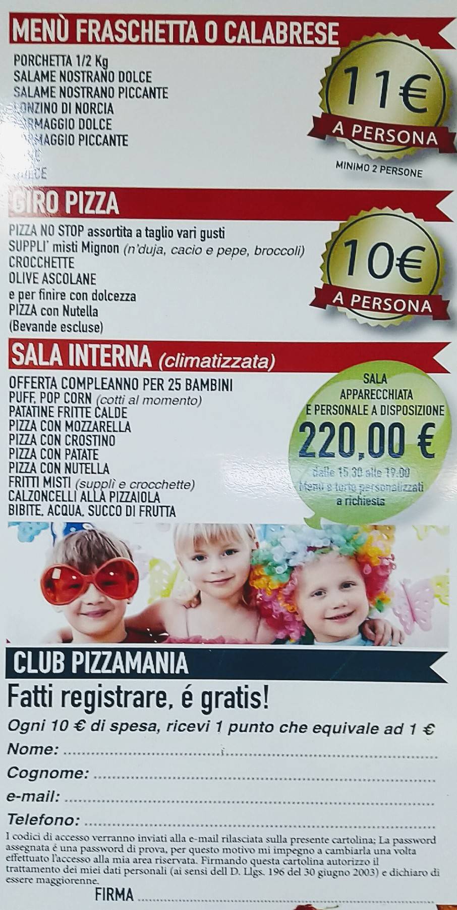 Menu di Pizzamania Duepuntozero 