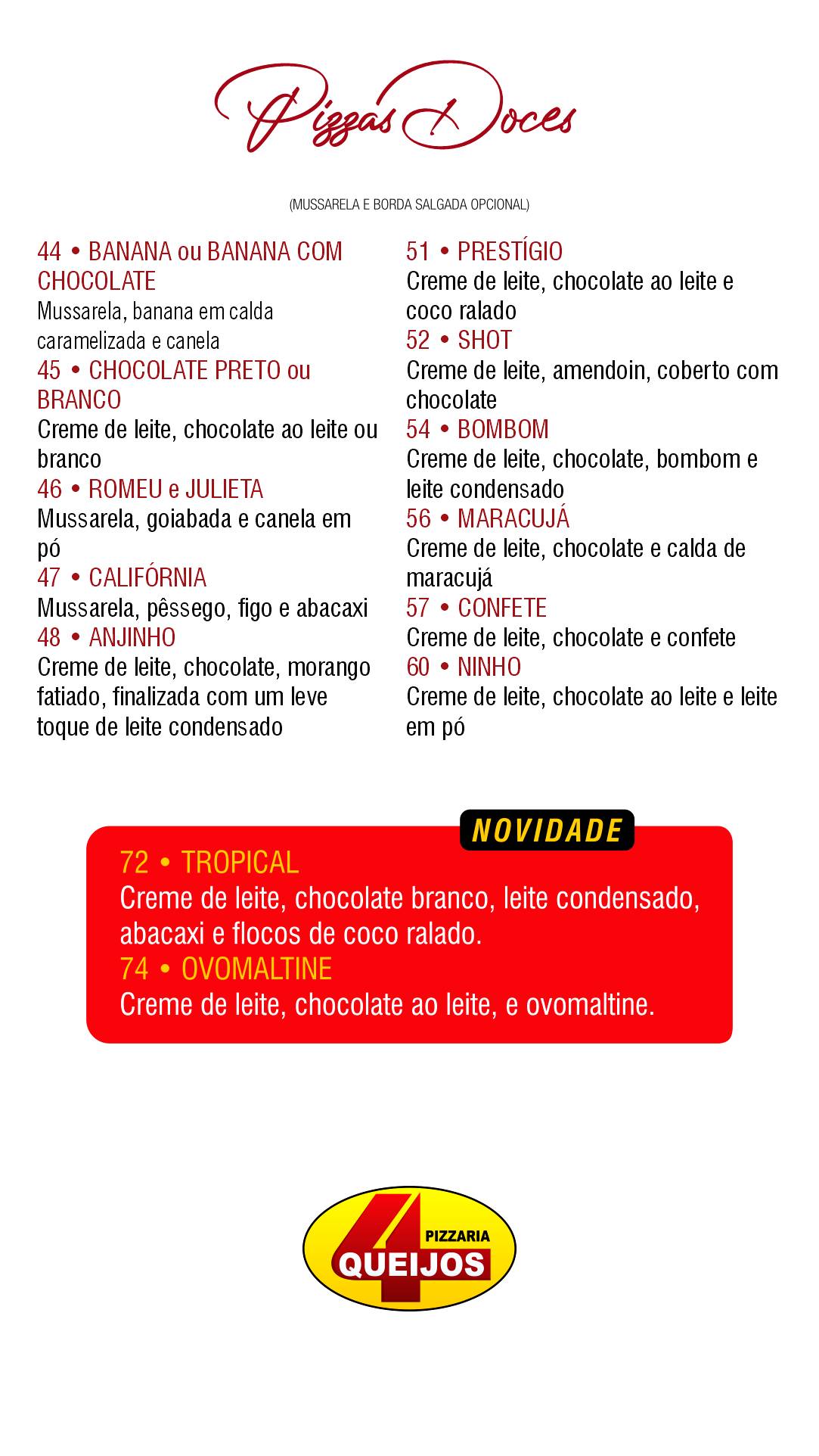 Pizzaria 4 Queijos Palhoça cardápio
