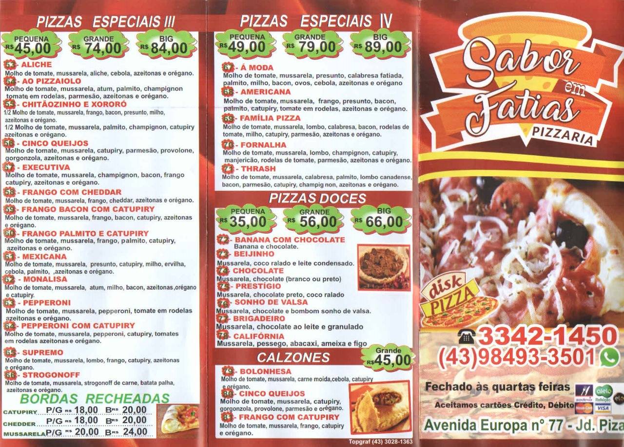 Pizzaria Sabor em Fatias cardápio