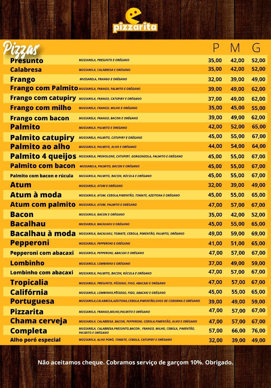 Pizzarita cardápio