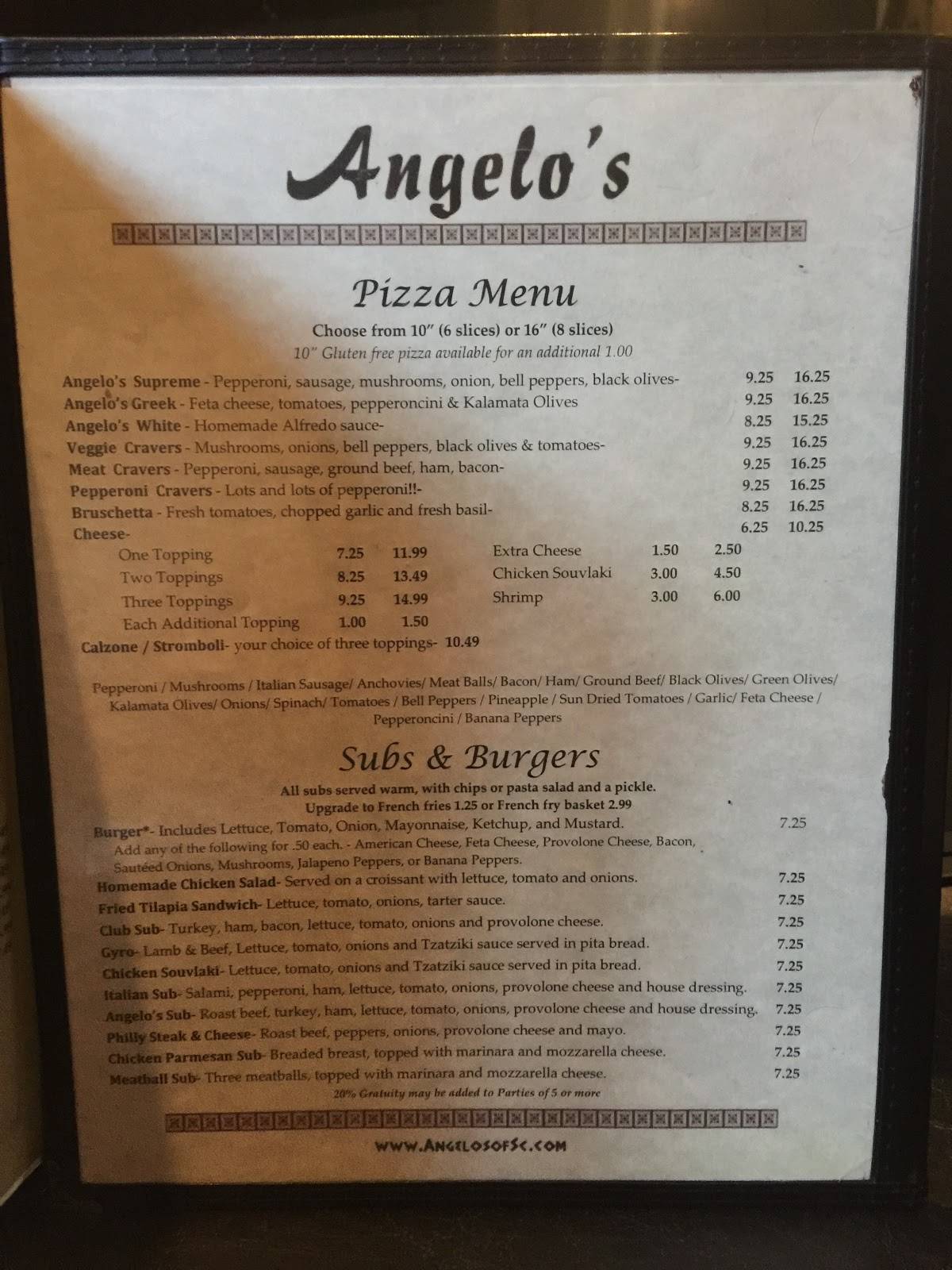 Menu at Angelo's Greek and Italian pizzeria, Batesburg-Leesville