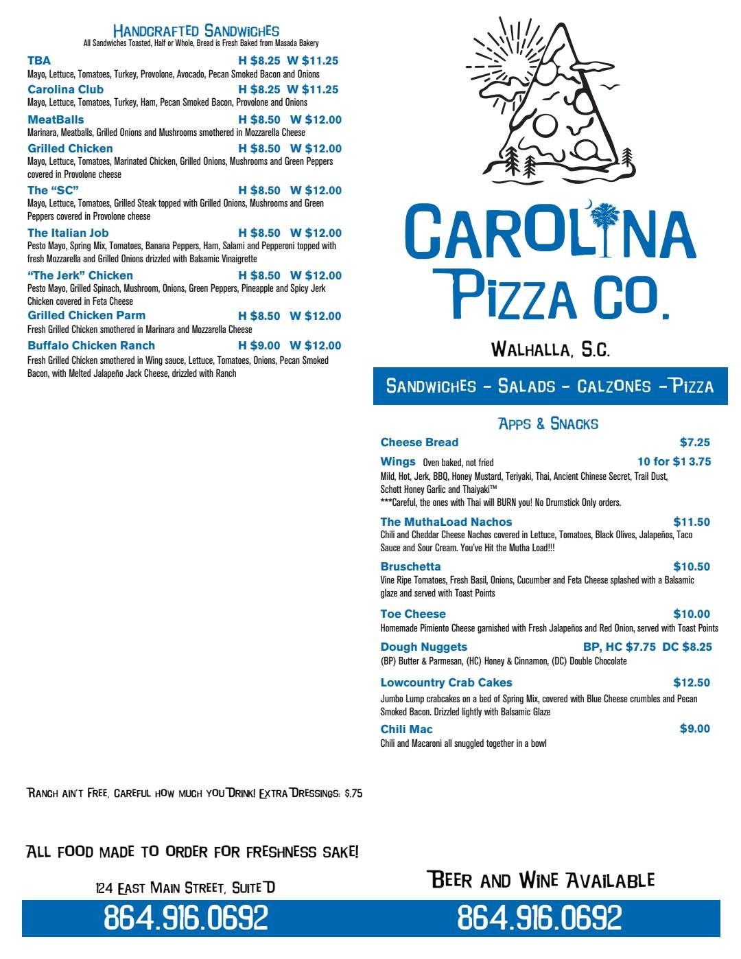 Menu at Carolina Pizza Company pizzeria, Walhalla