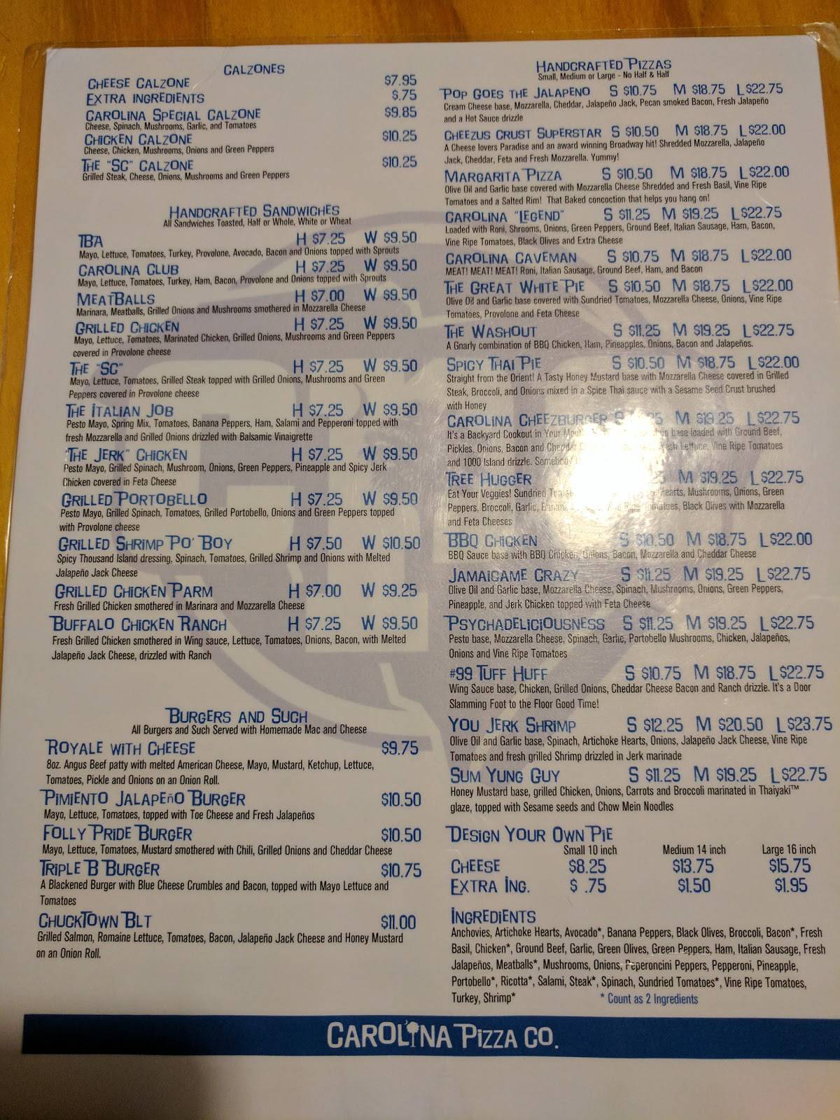 Menu at Carolina Pizza Company pizzeria, Walhalla