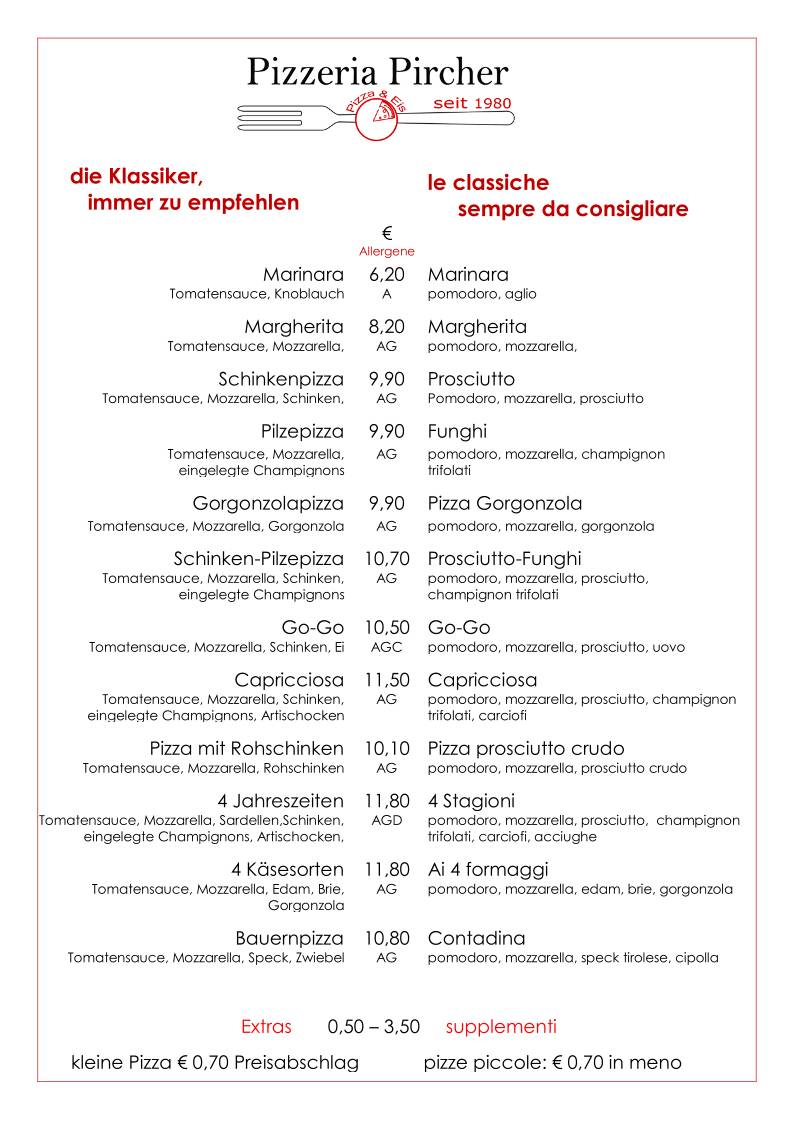 Menu di Pizzeria Eisdiele Pircher 