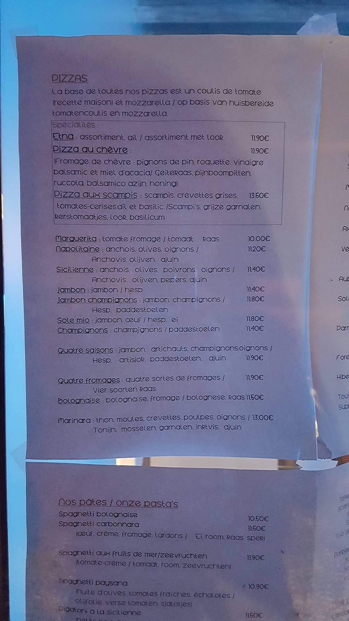 Menu de Pizzeria Etna