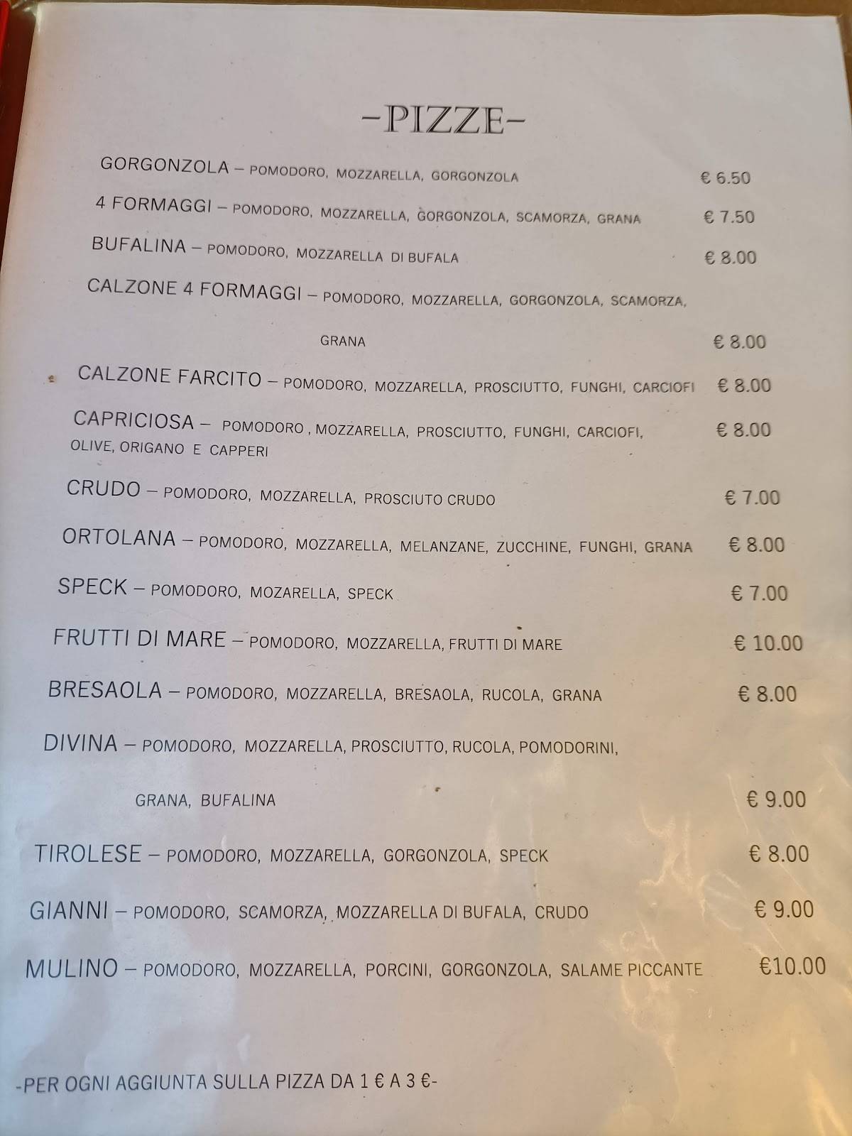 Menu di Pizzeria Il Mulino 