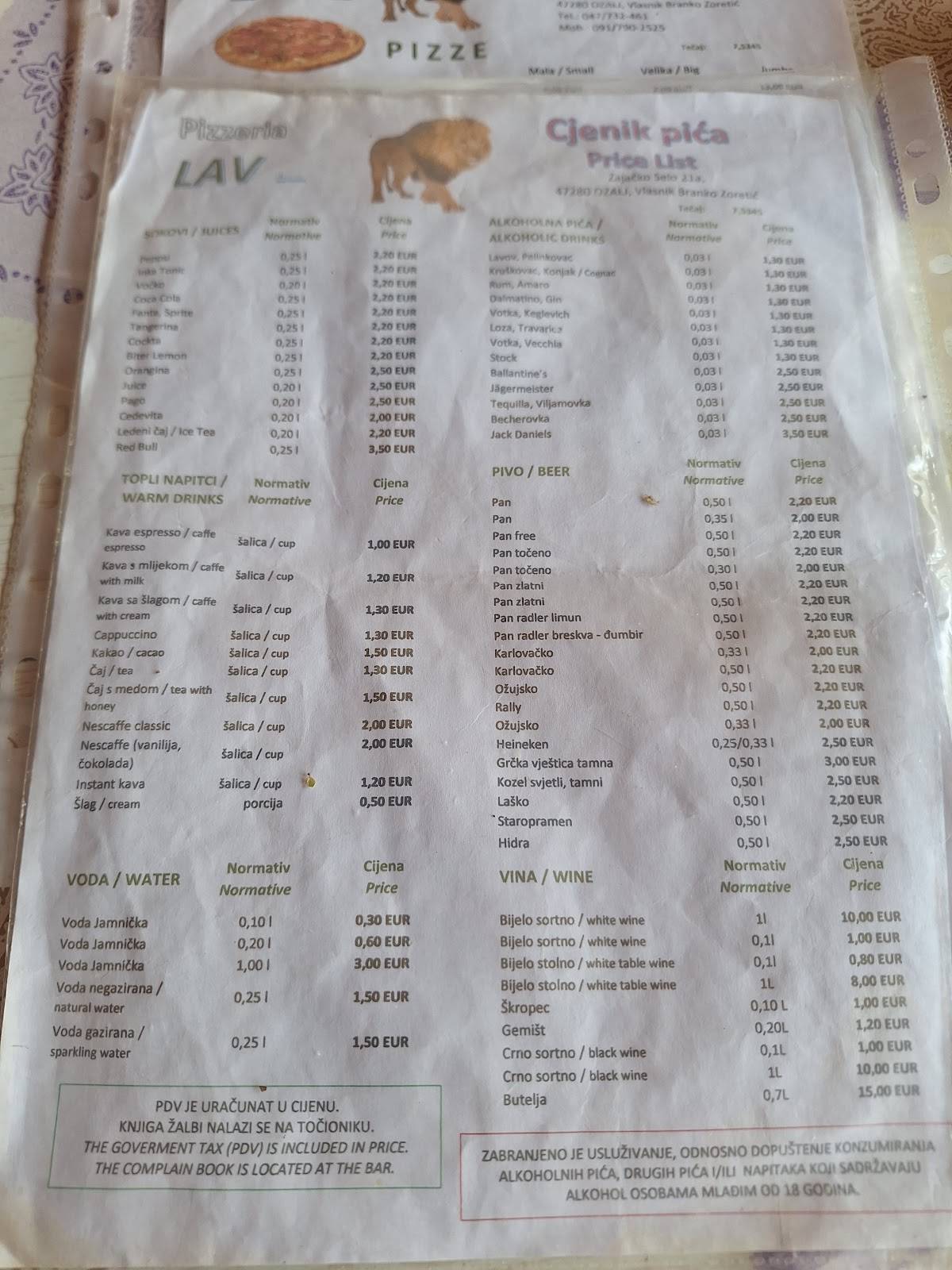 Menu di Pizzeria Lav - sala Ganjak 