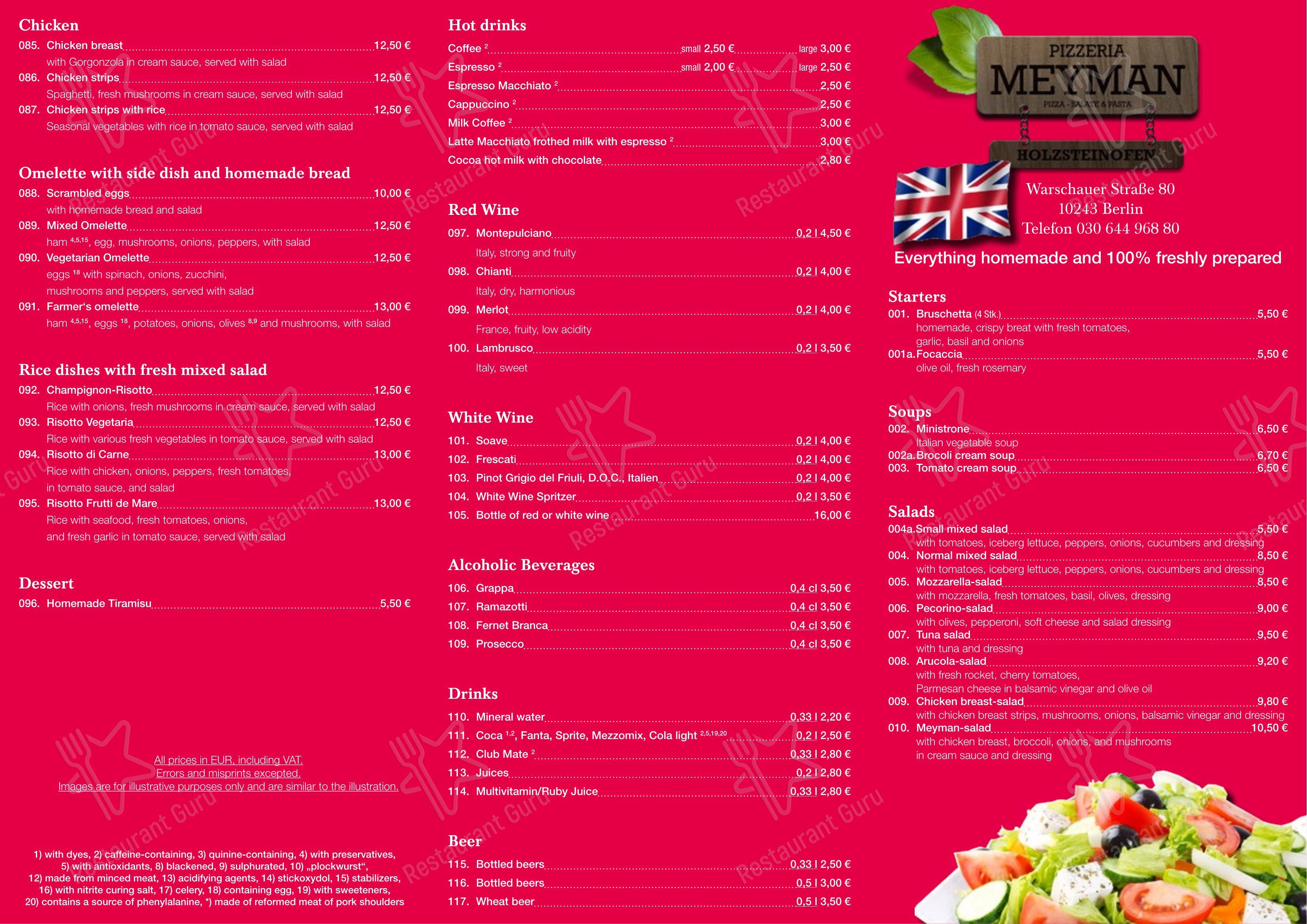 Menu pour Pizzeria Meyman pizzeria