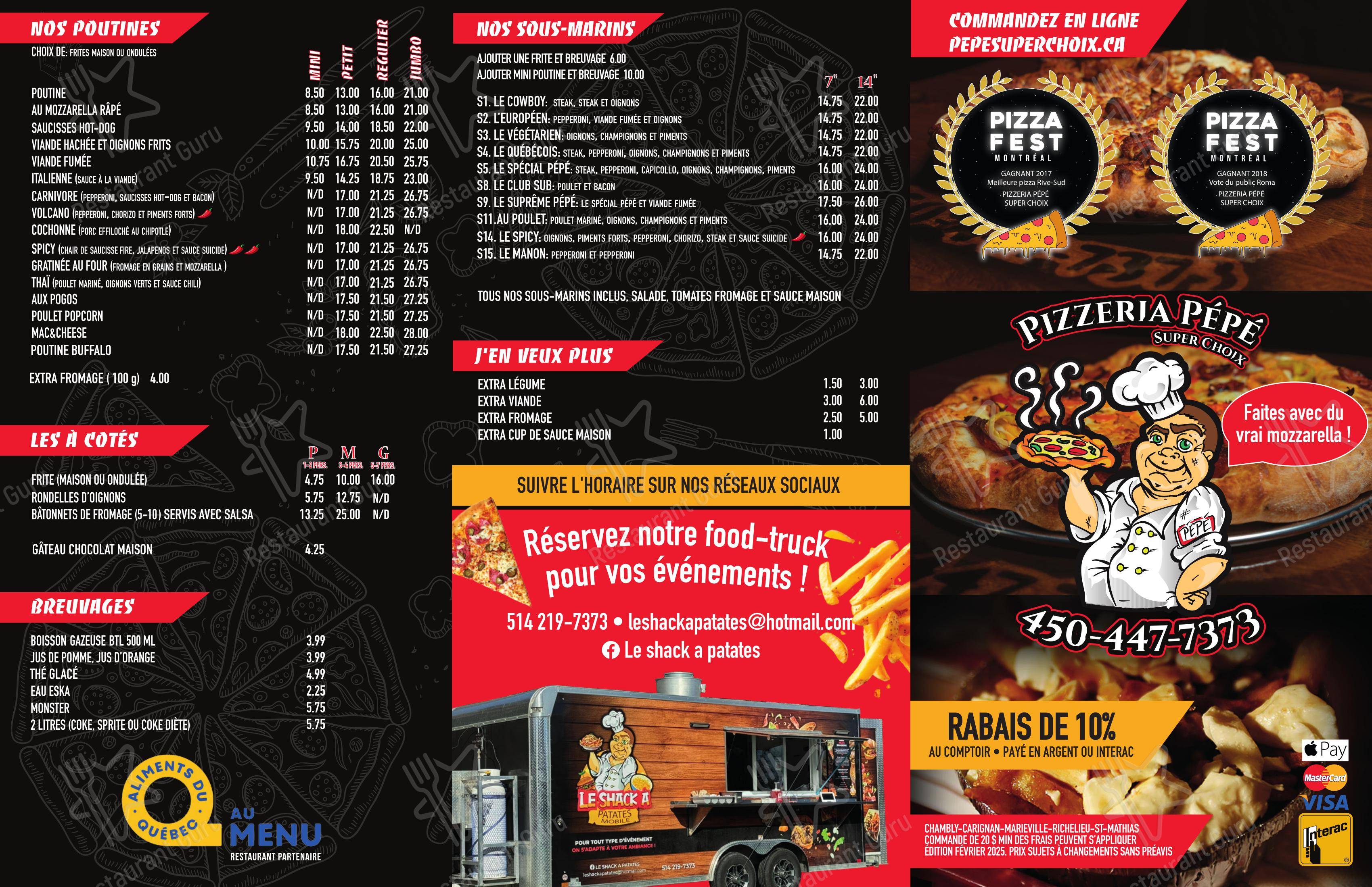 Menu pour Pizzeria Pepe Super Choix dans Richelieu