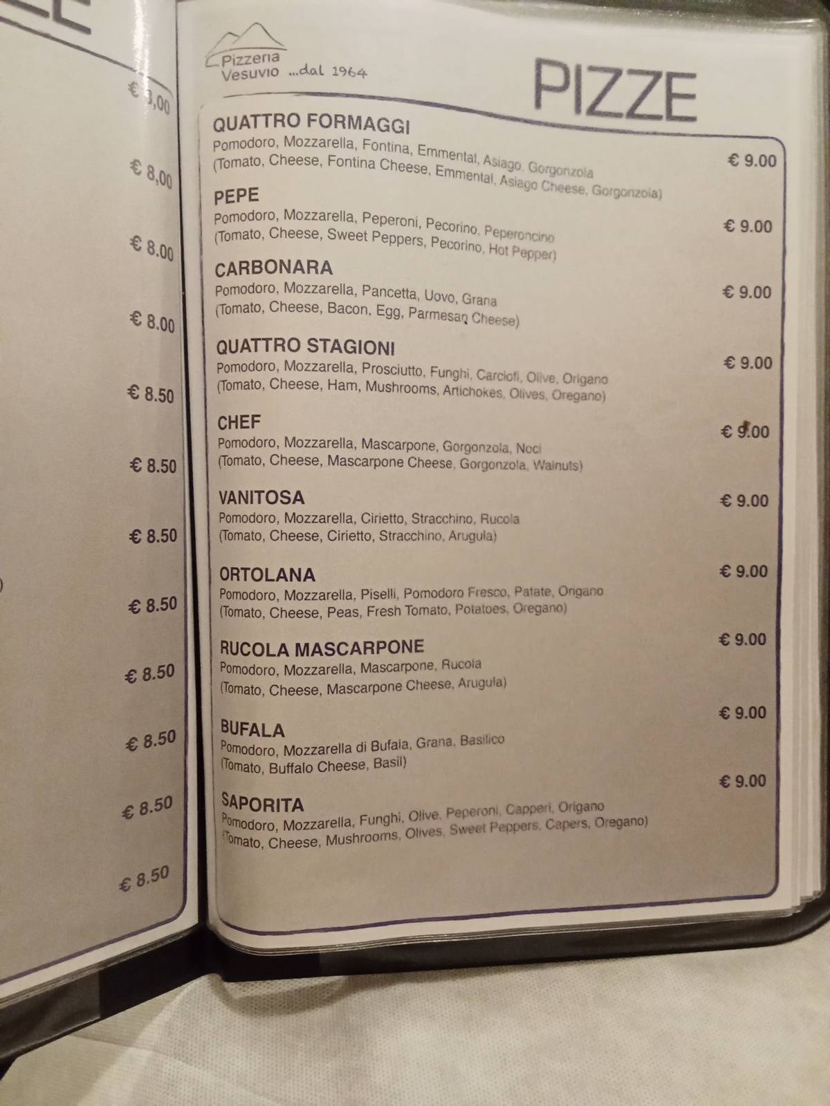 Menu di Pizzeria Vesuvio …dal 1964 