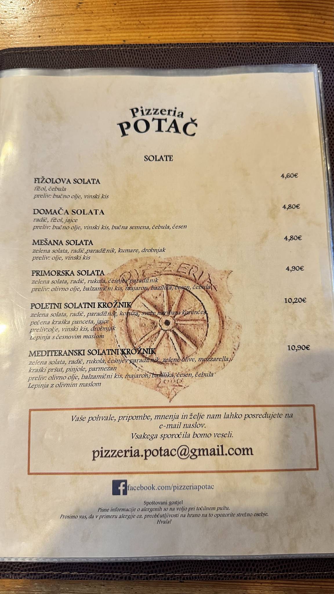 Menu di Pizzeria Potač 