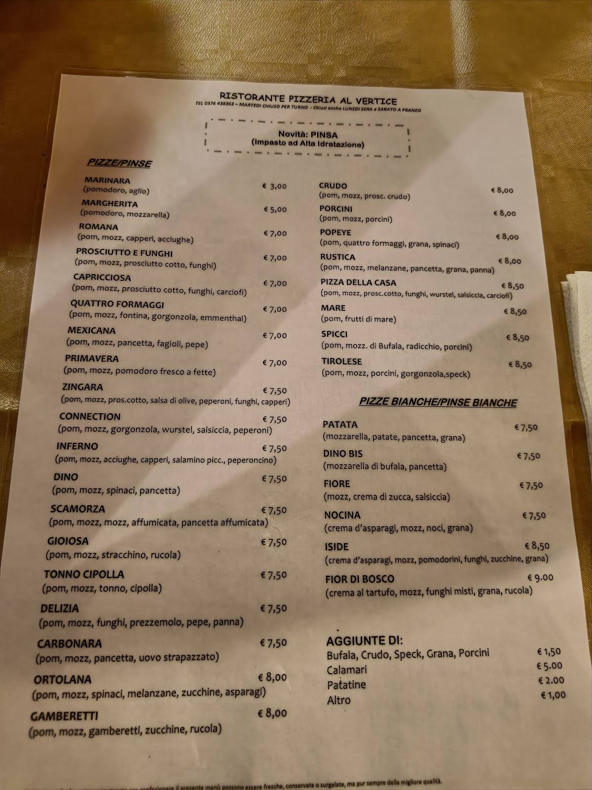 Menu di Pizzeria Ristorante Al Vertice 