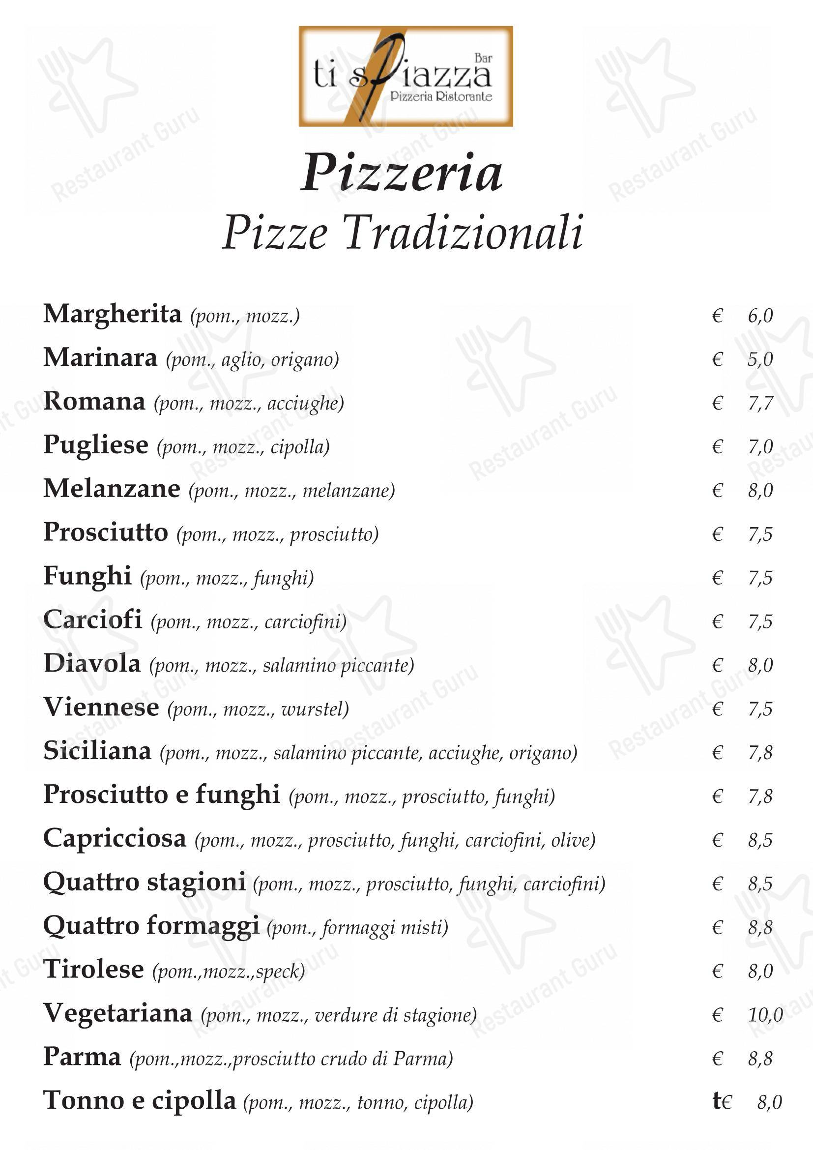 Menu di Pizzeria Ristorante Ti Spiazza - Menu bar
