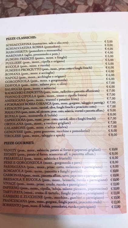 Menu di Pizzeria Vanity Forli 