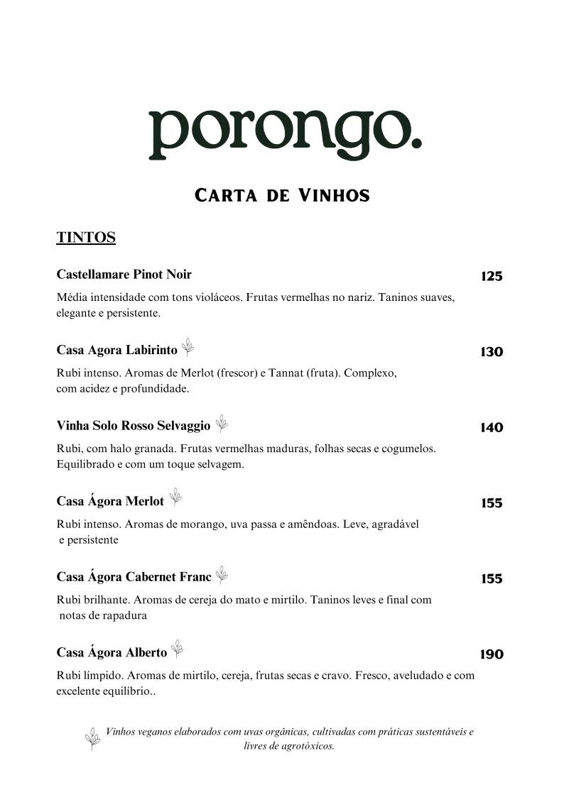 Porongo - Comida Brasileira - Jazz e Vinhos - Restaurante em Florianopólis - Restaurante Vegano cardápio