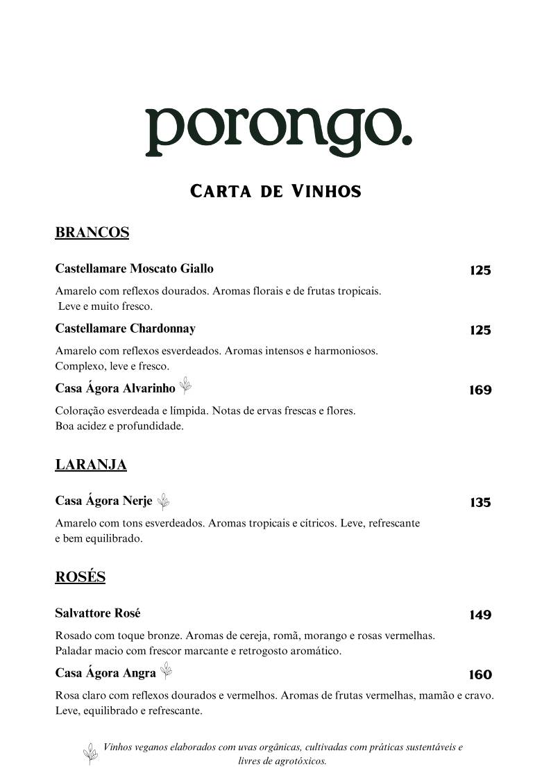 Porongo - Comida Brasileira - Jazz e Vinhos - Restaurante em Florianopólis - Restaurante Vegano cardápio
