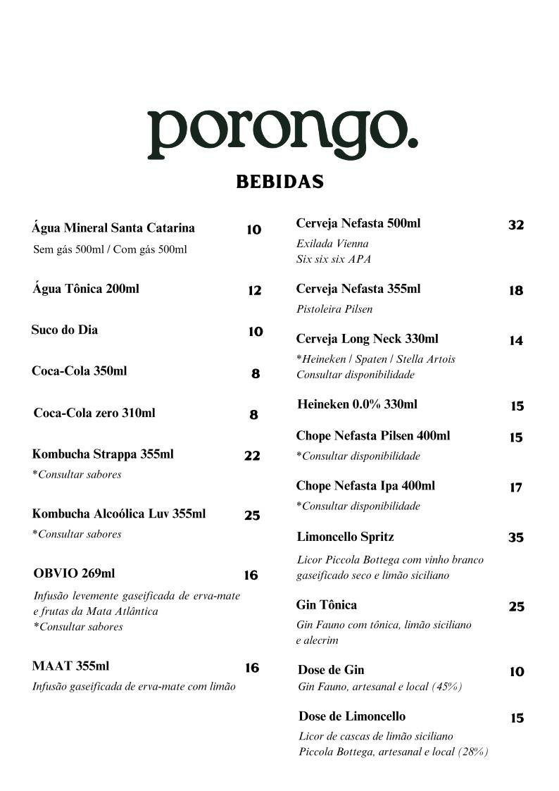 Porongo - Comida Brasileira - Jazz e Vinhos - Restaurante em Florianopólis - Restaurante Vegano cardápio
