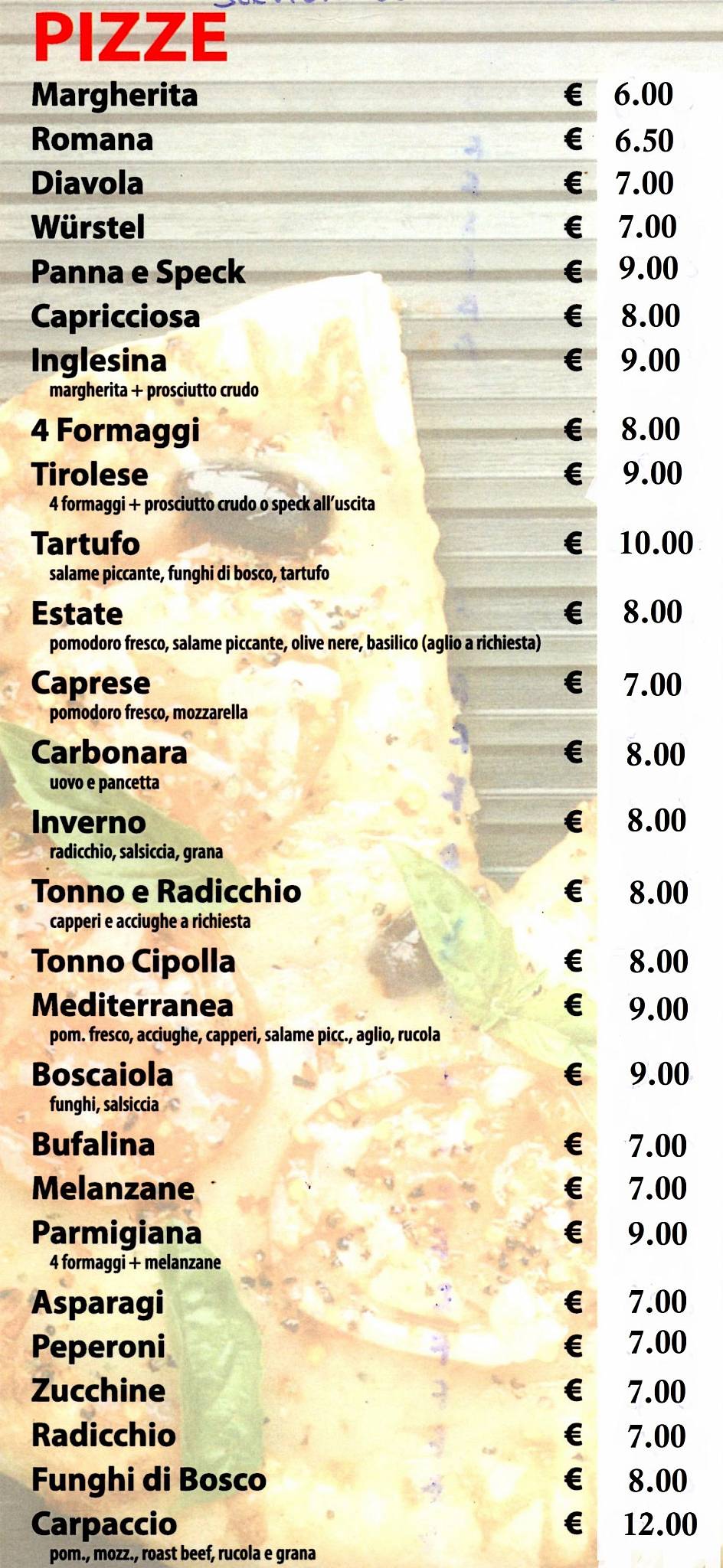 Menu di Pizzeria Boomerang 