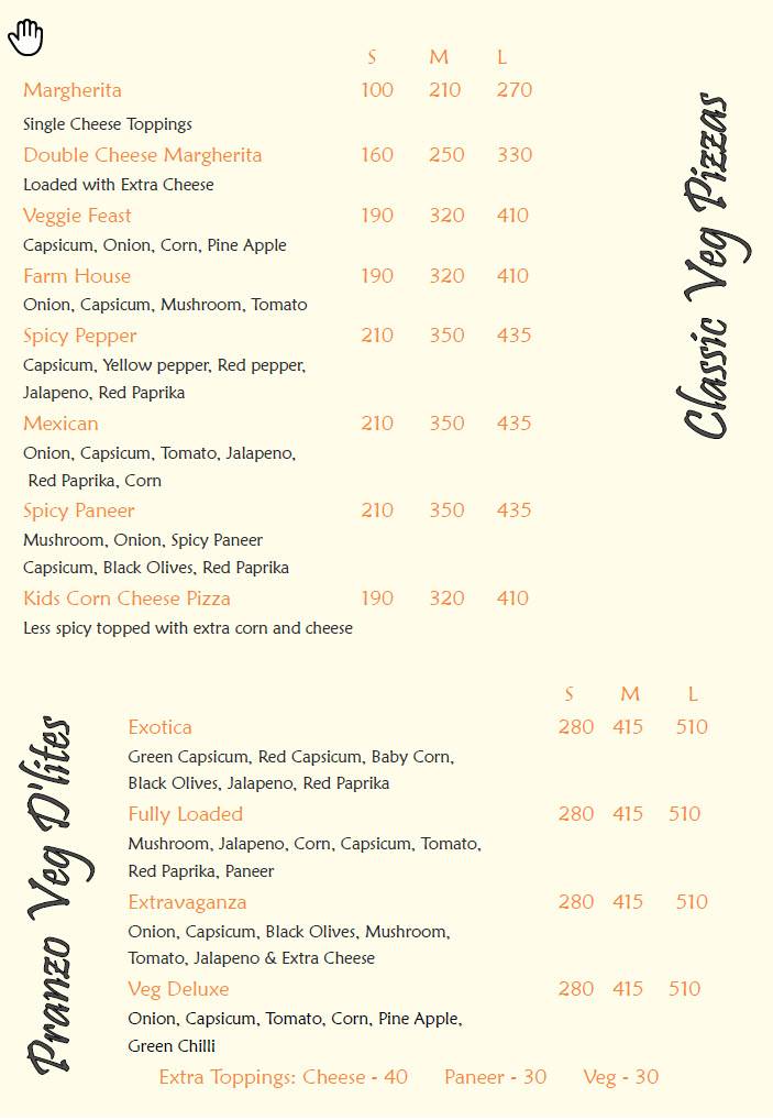 Pranzo Pizzas menu