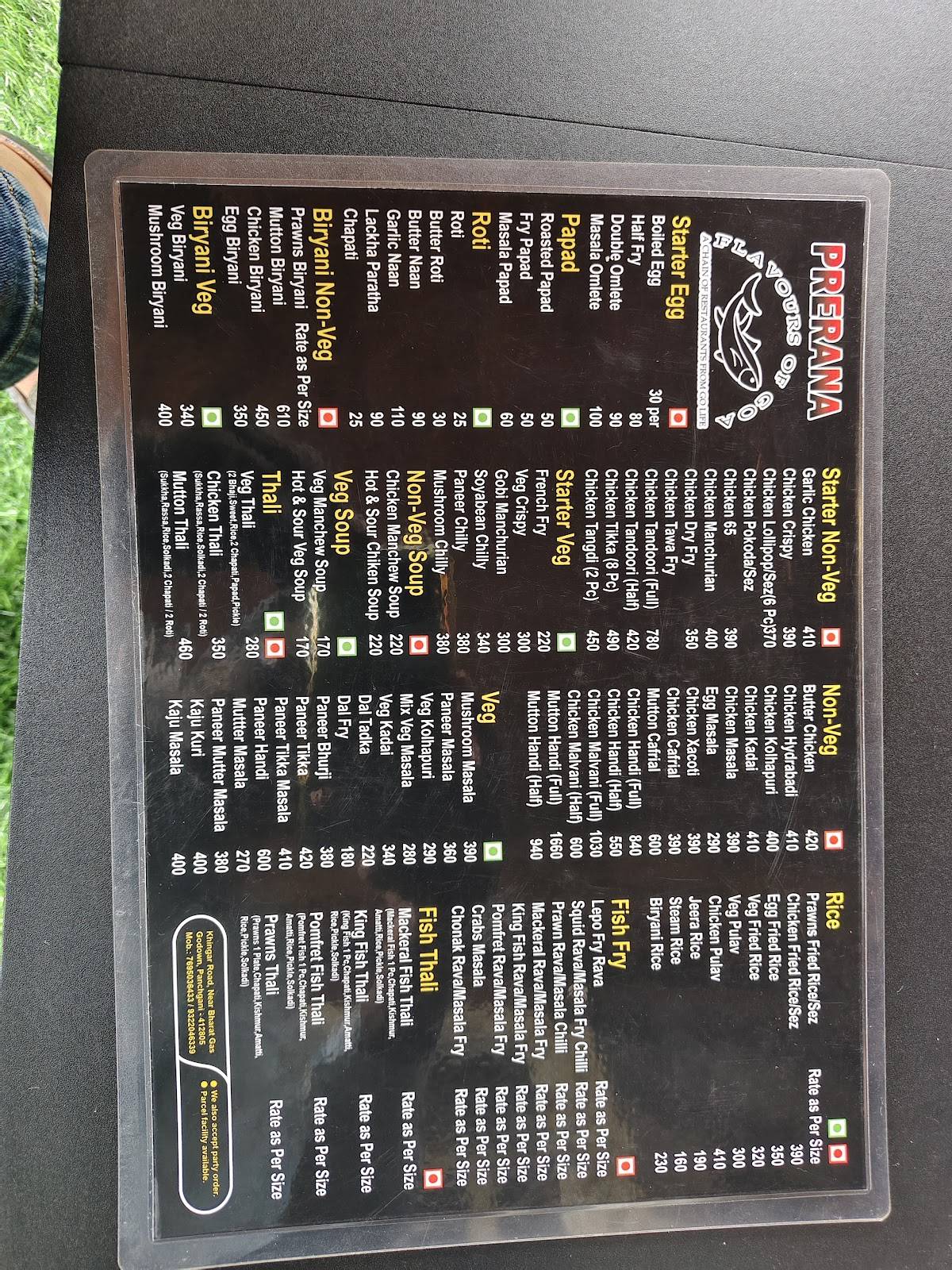 Prerana - Go Life Flavours of Goa (Bar & Restaurant) menu