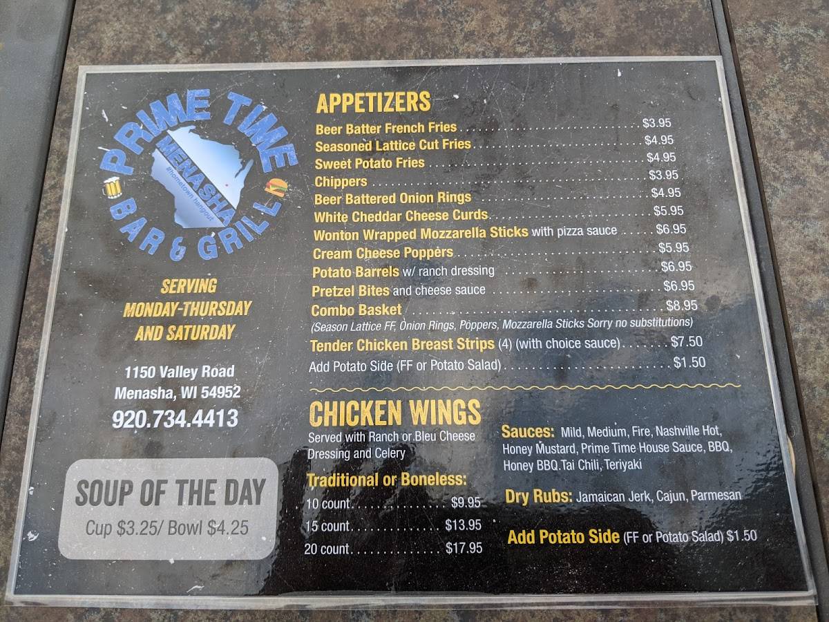 Menu at Prime Time Bar And Grill, Menasha