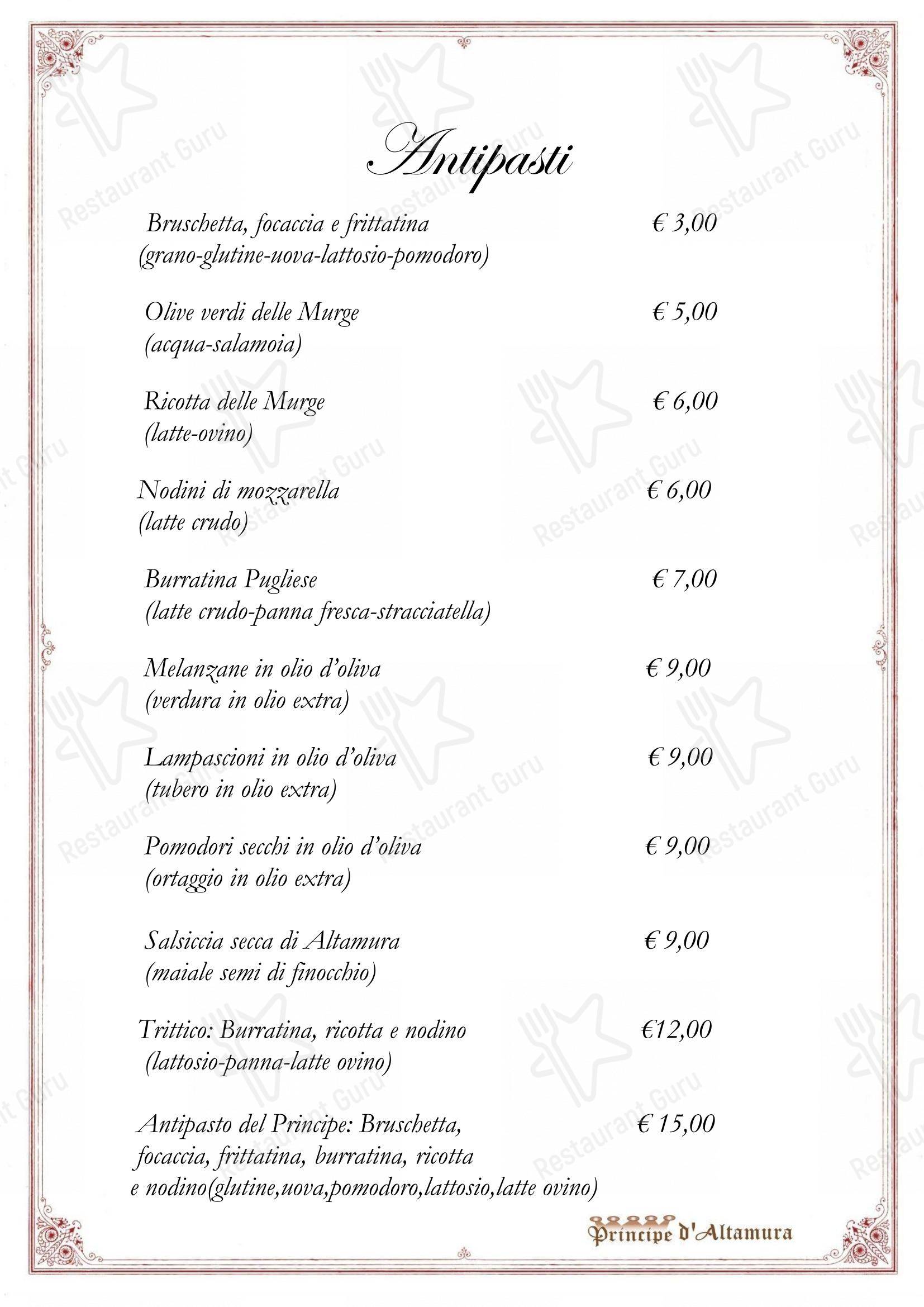 Menu per Principe d'Altamura in Padova