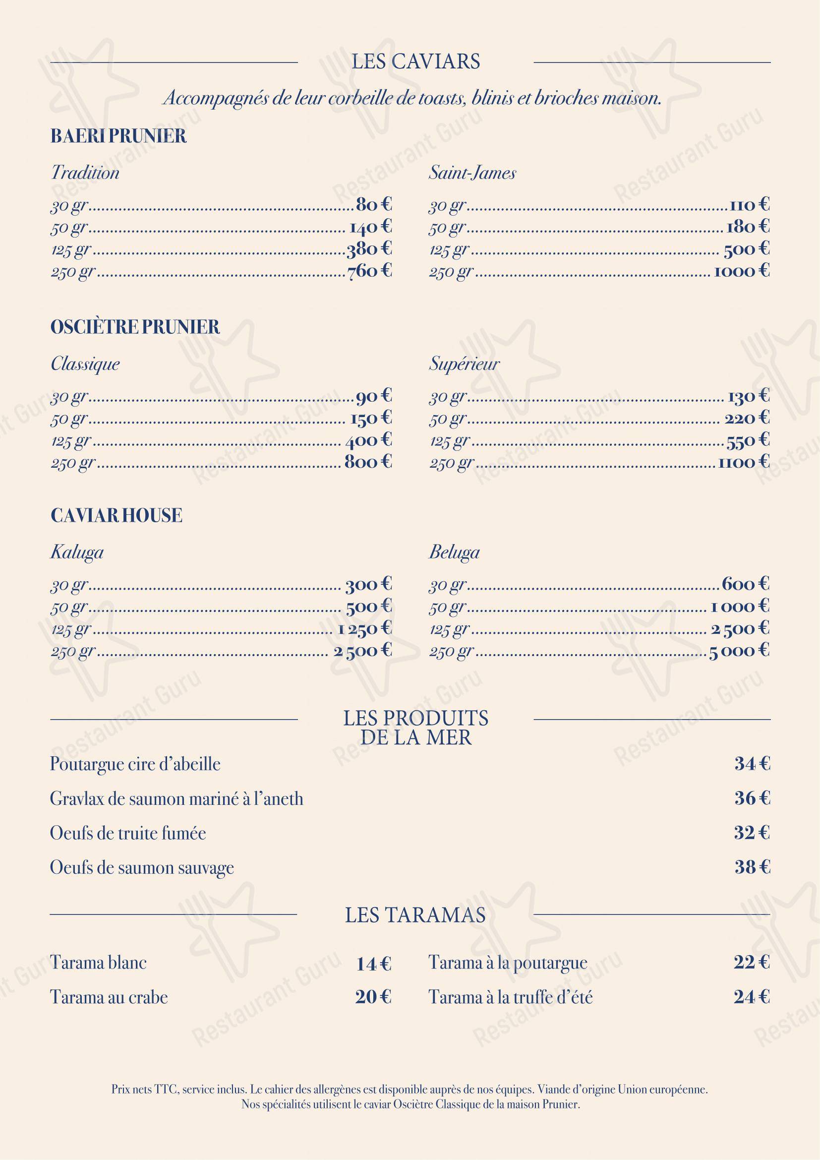 Menu pour Prunier restaurant