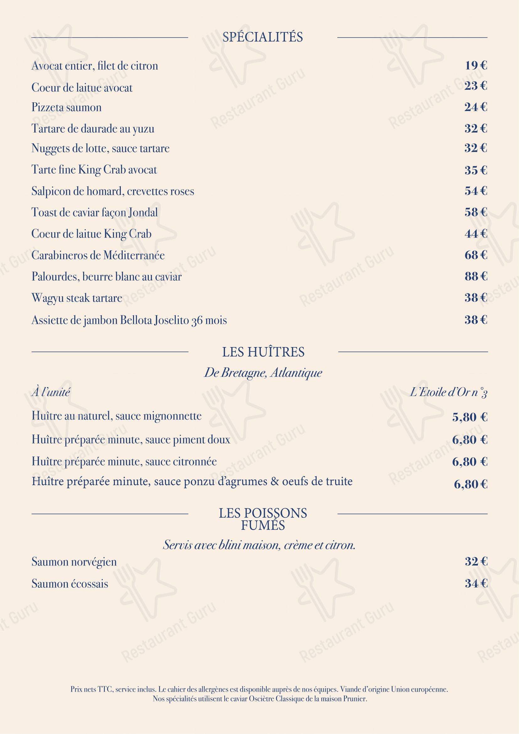 Menu pour Prunier restaurant