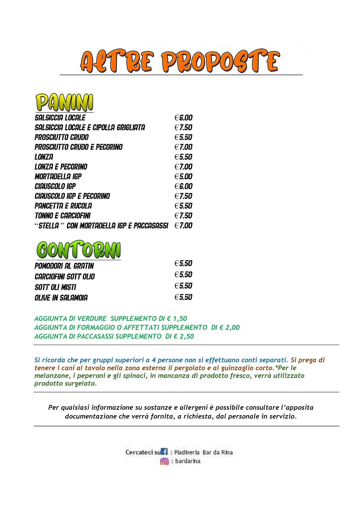 Menu di Bar Piadineria Da Rina 