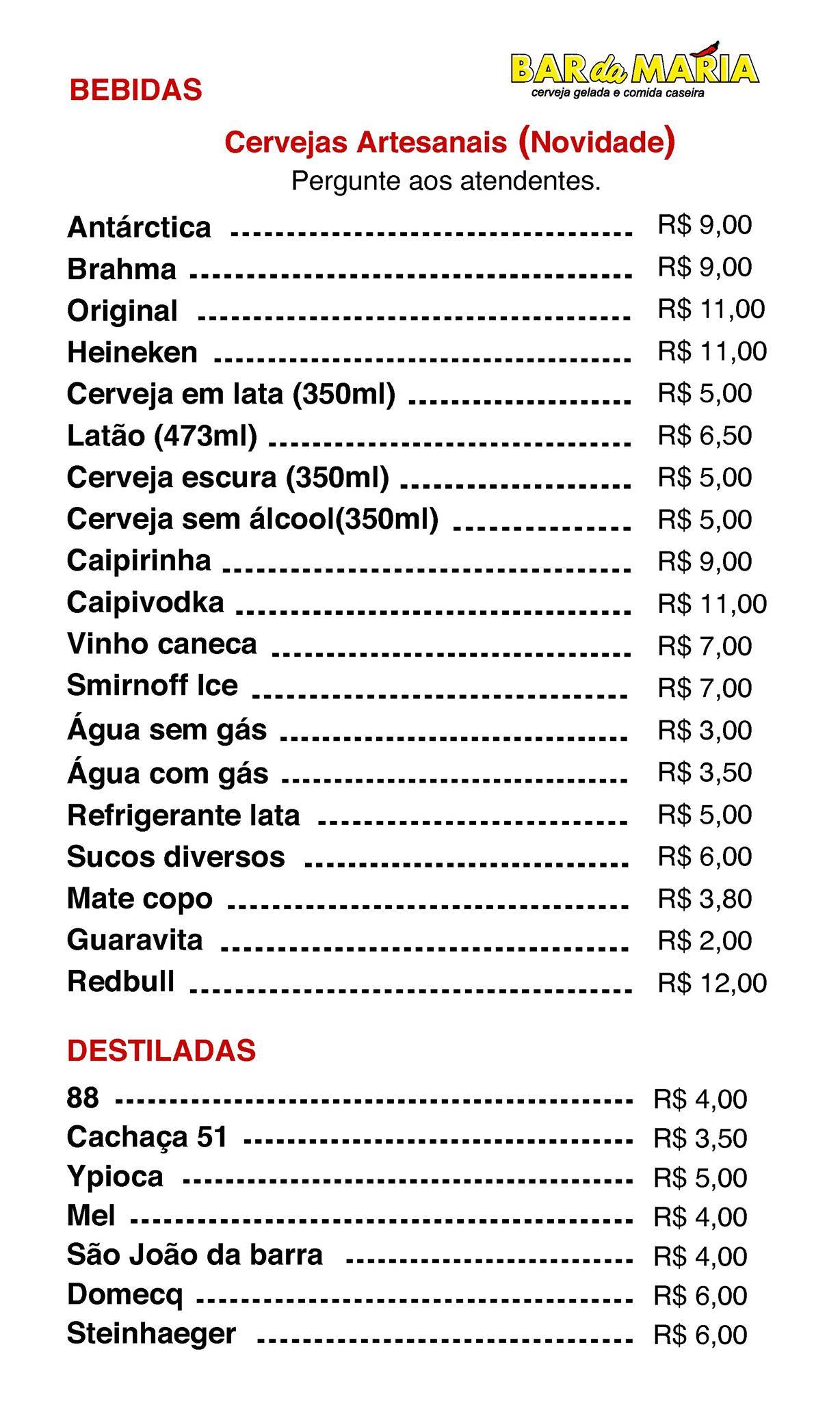 Bar da Maria cardápio