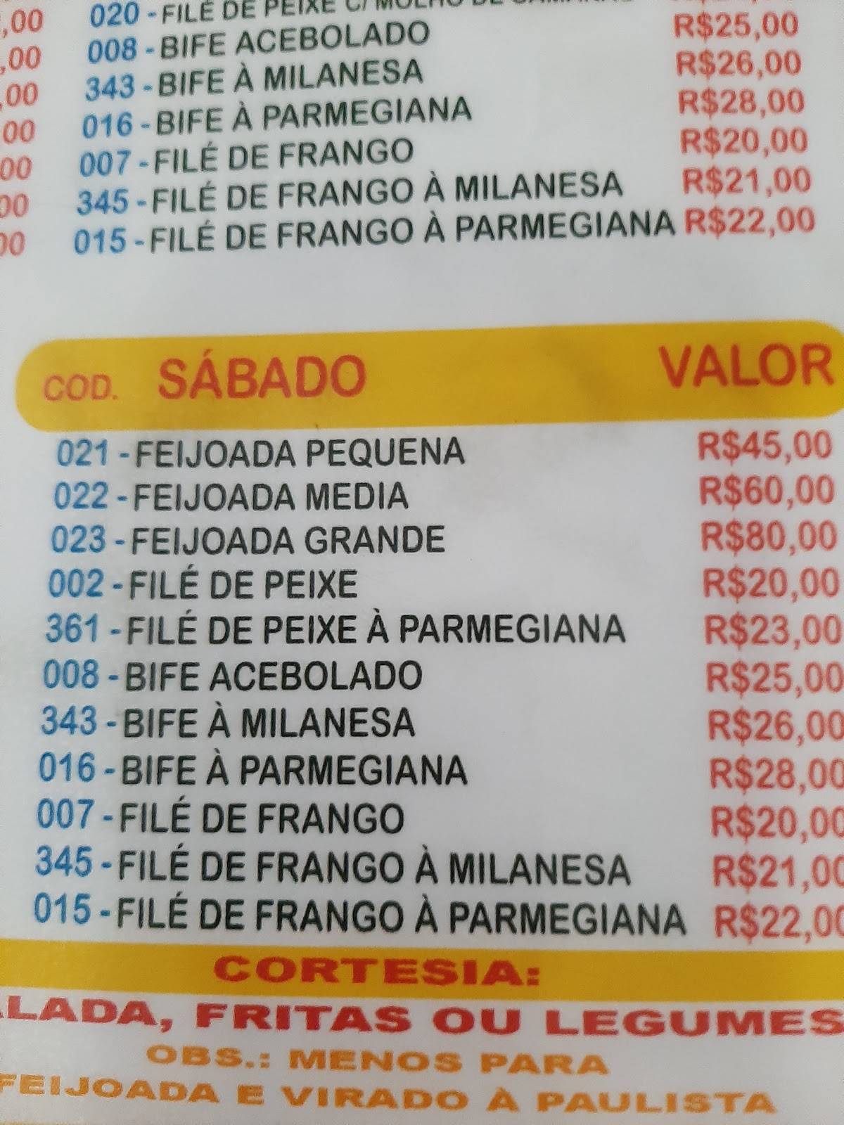 Bar do Pedro cardápio