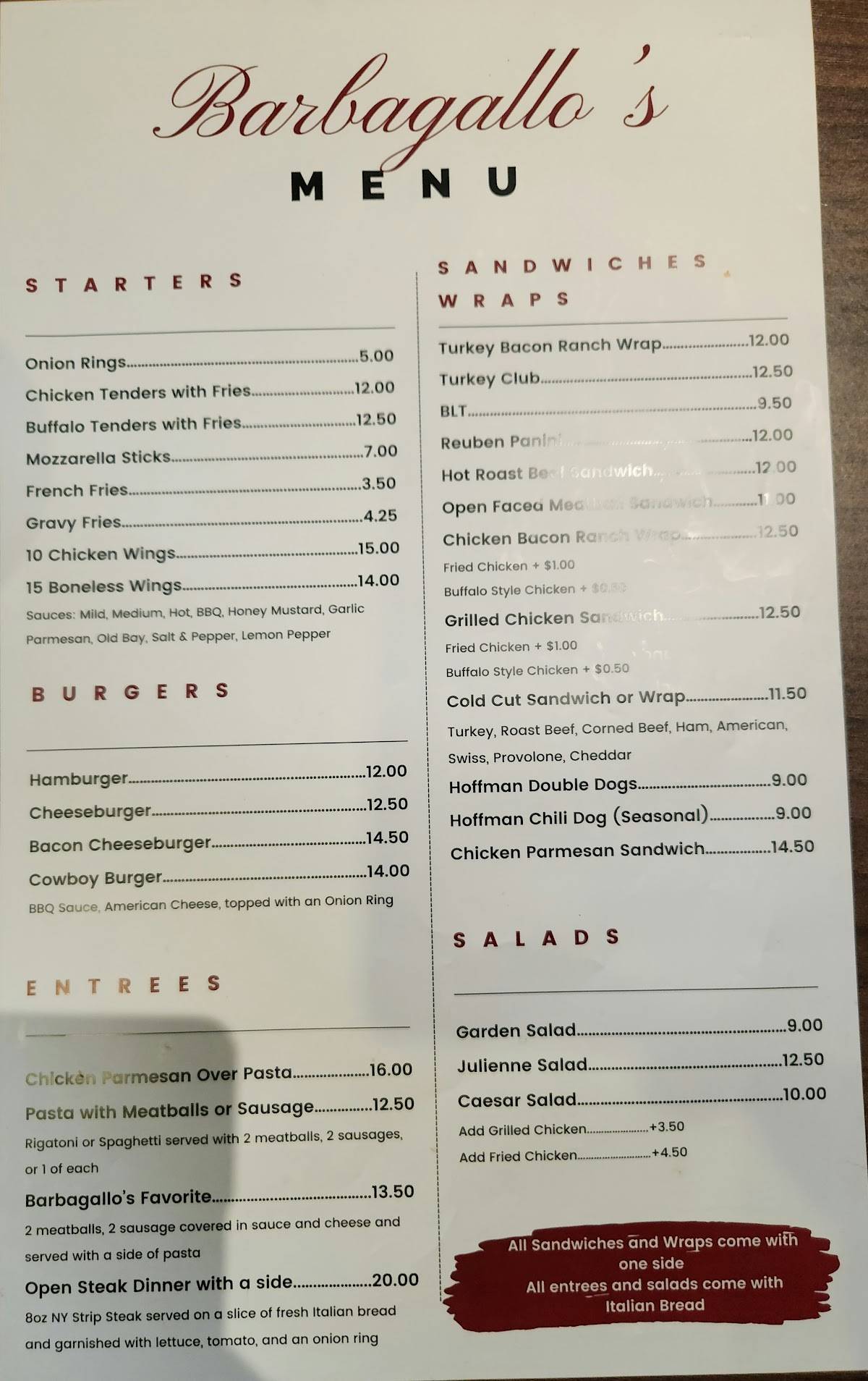 Menu at Barbagallo's, East Syracuse