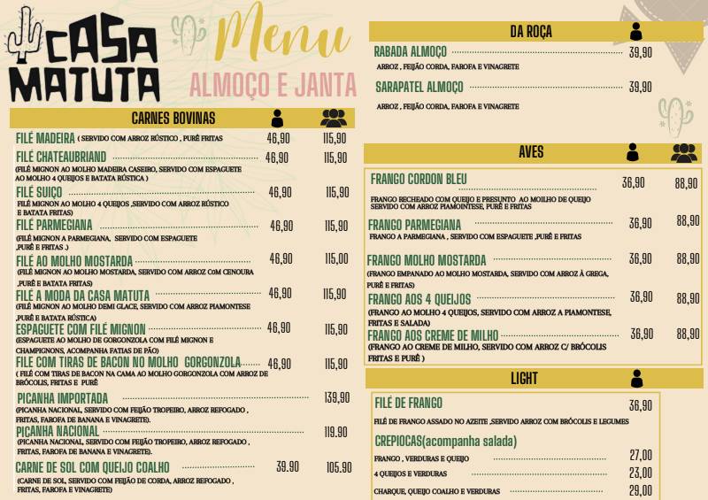 Casa matuta - Restaurante em Caruaru - Bar cardápio