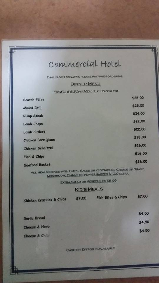 Menu at Commercial Hotel Boggabri pub & bar, Boggabri