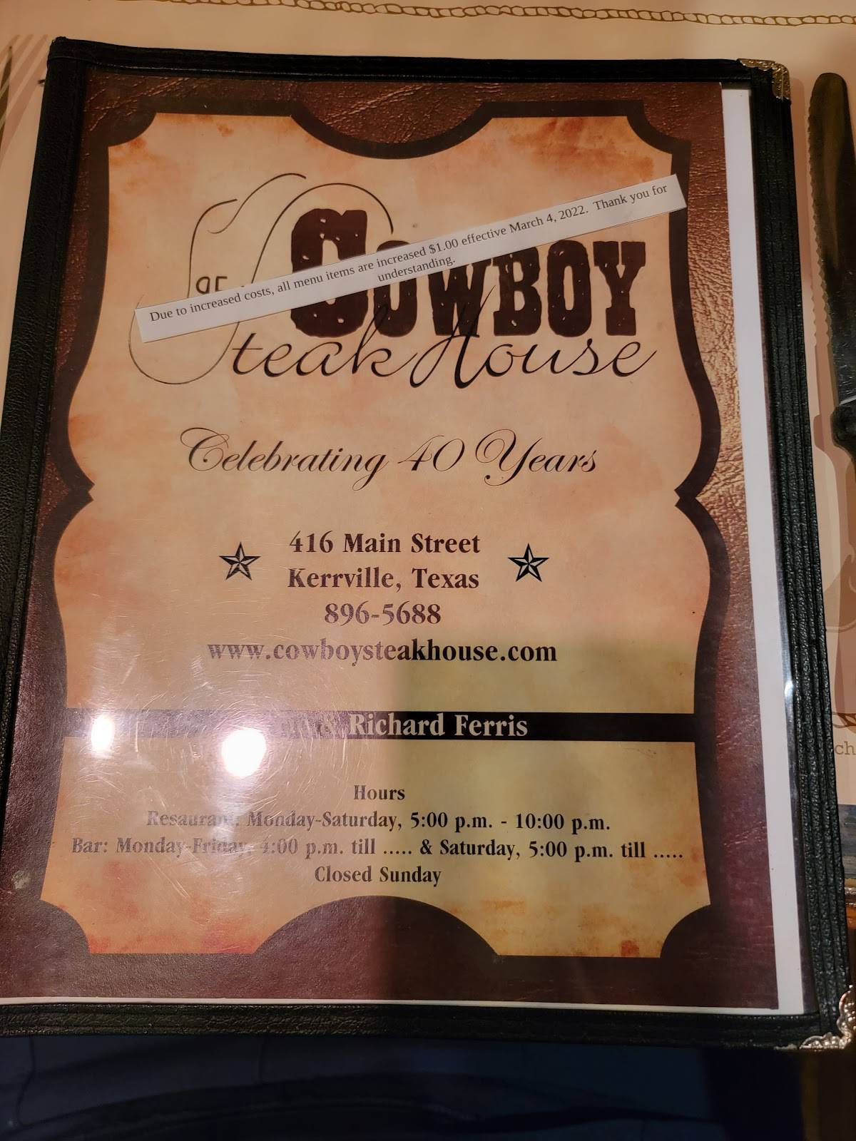Menu at Cowboy Steak House pub & bar, Kerrville