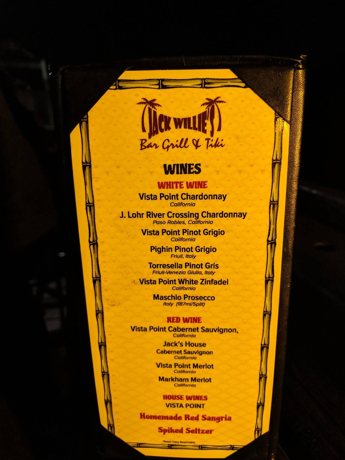 Menu at Jack Willie's Bar, Grill & Tiki, Oldsmar
