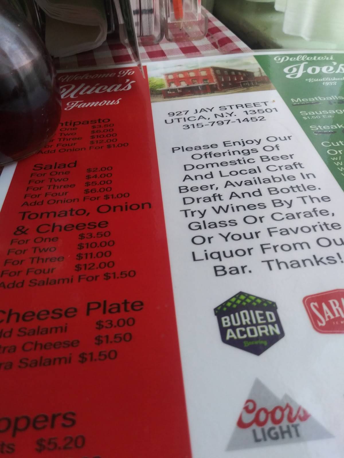 Menu at Joe's Restaurant, Utica