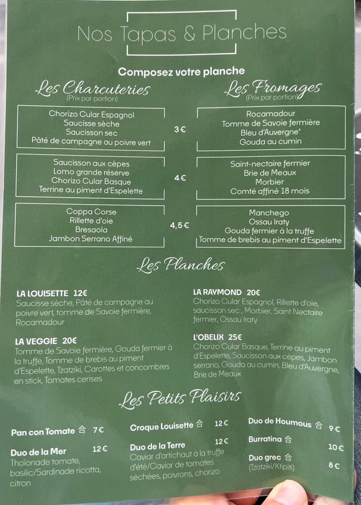 Menu de Louisette bar à grignoter Paris 14ème