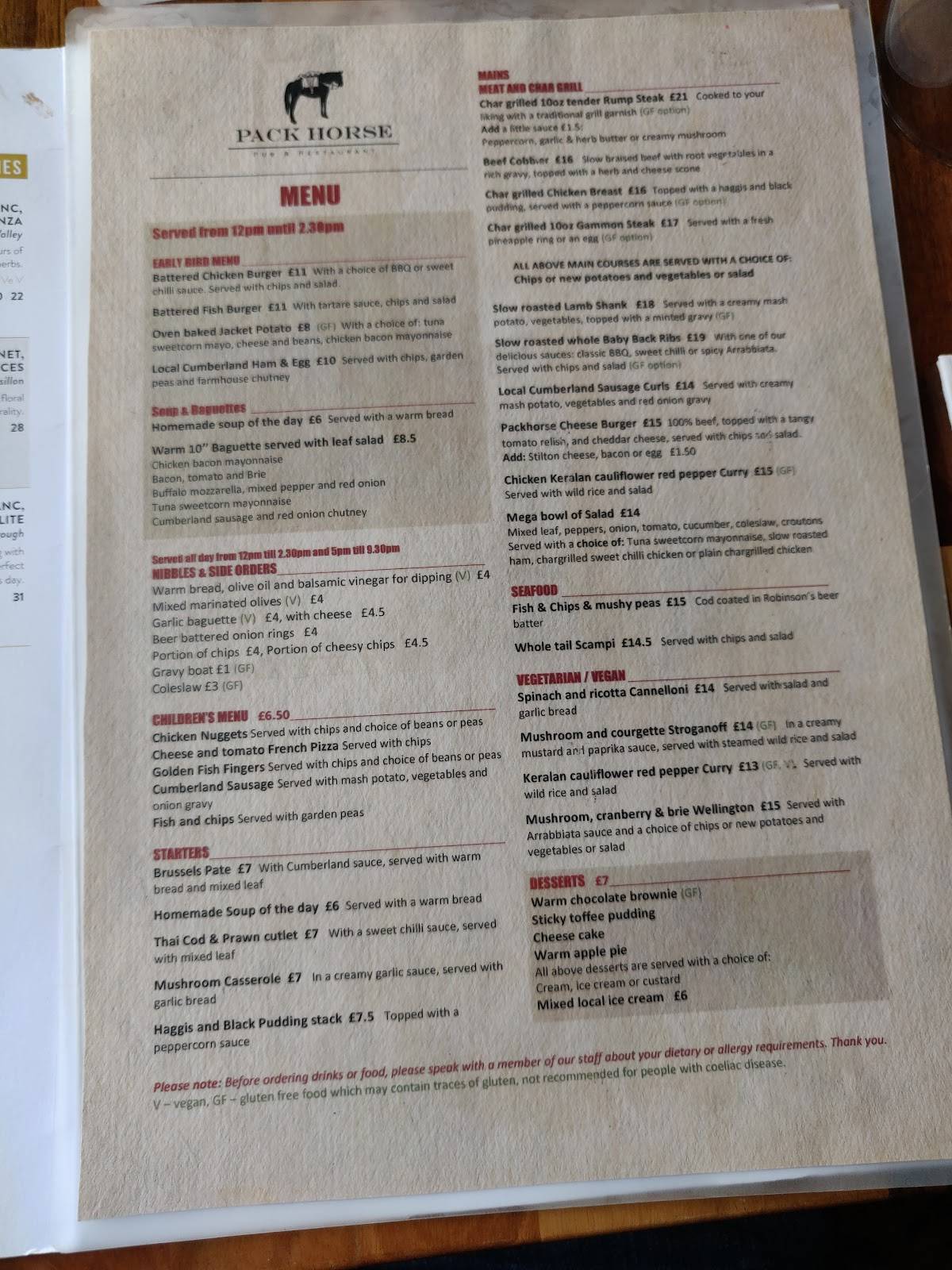 Menu at Pack Horse Inn pub & bar, Keswick