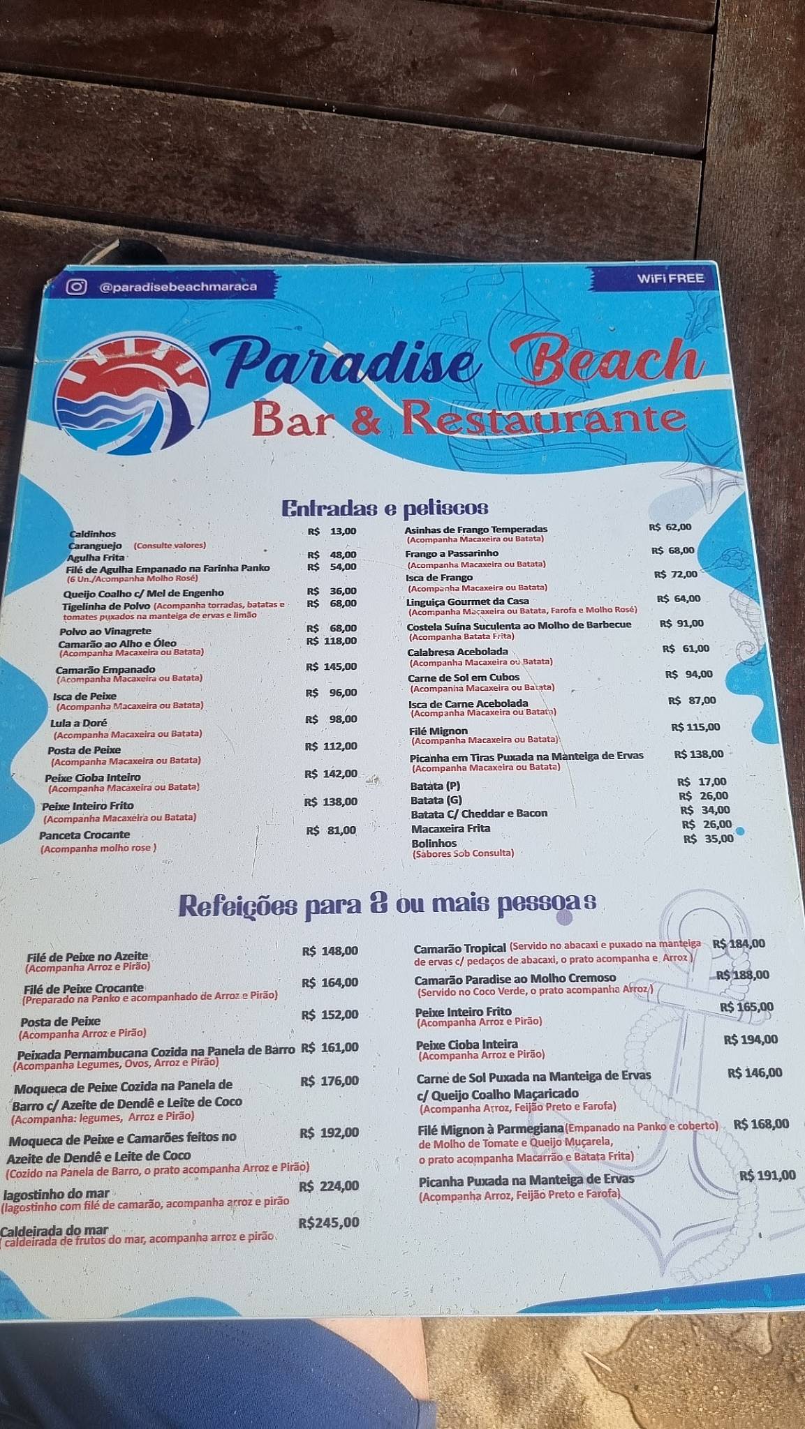 Paradise Beach, Bar e Restaurante cardápio