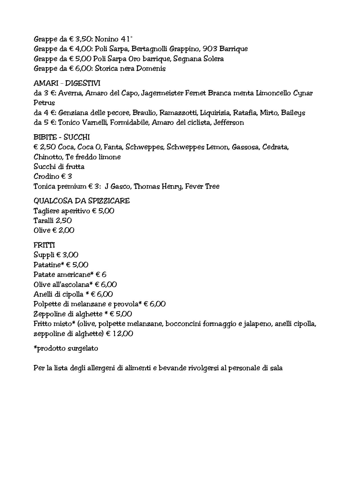 Menu de Pigneto Quarantuno