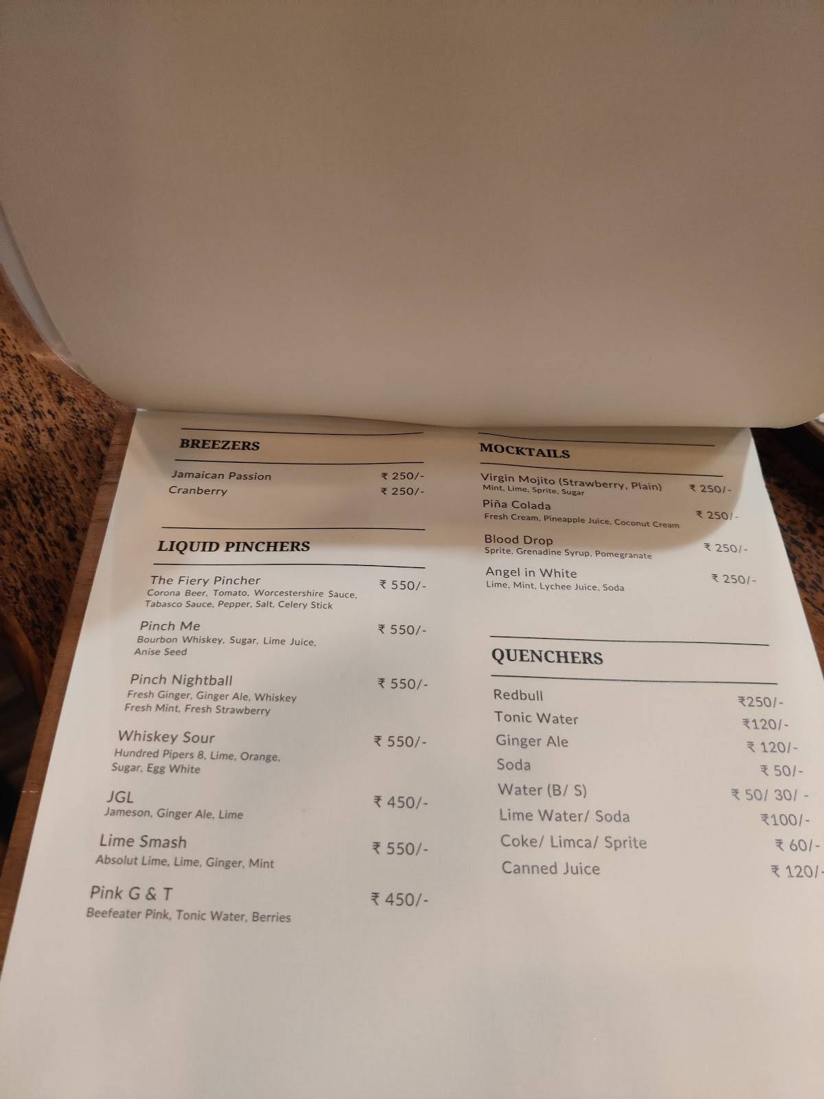 Pinch Bistro & Bar menu