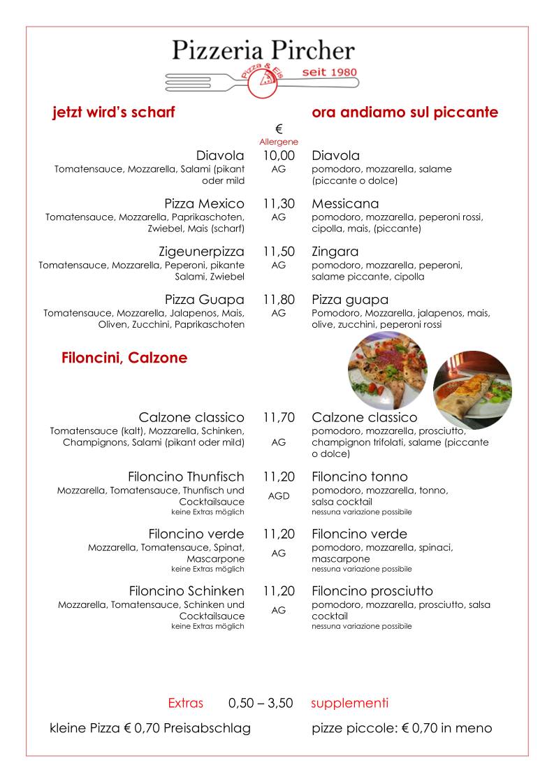Menu di Pizzeria Eisdiele Pircher 