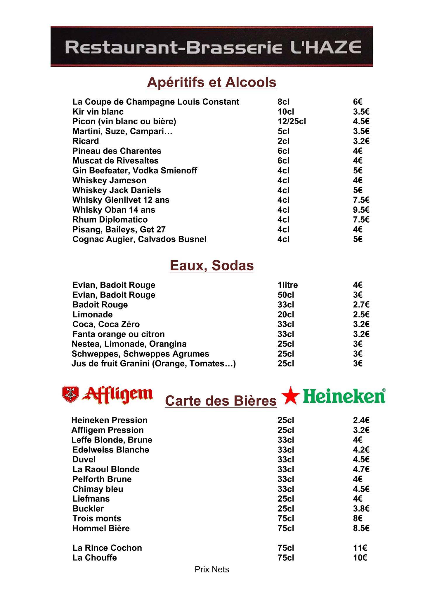 Menu de Brasserie-Restaurant L'HAZE