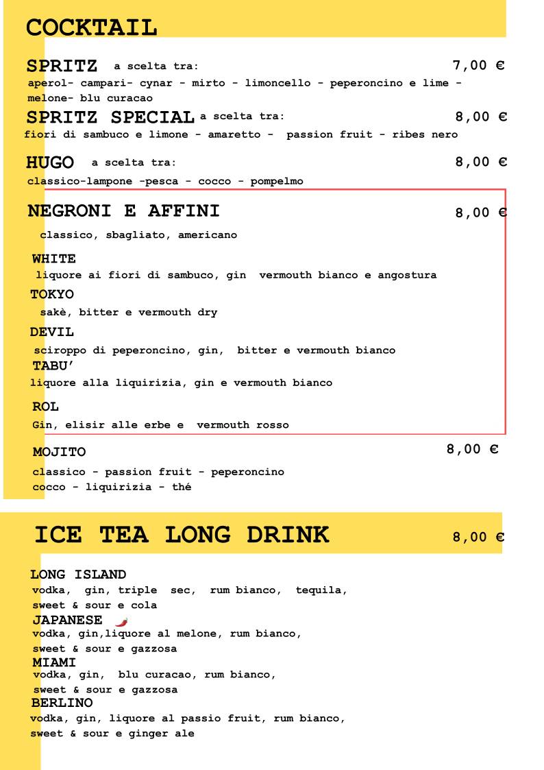 Menu di Rol Birreria con cucina. 