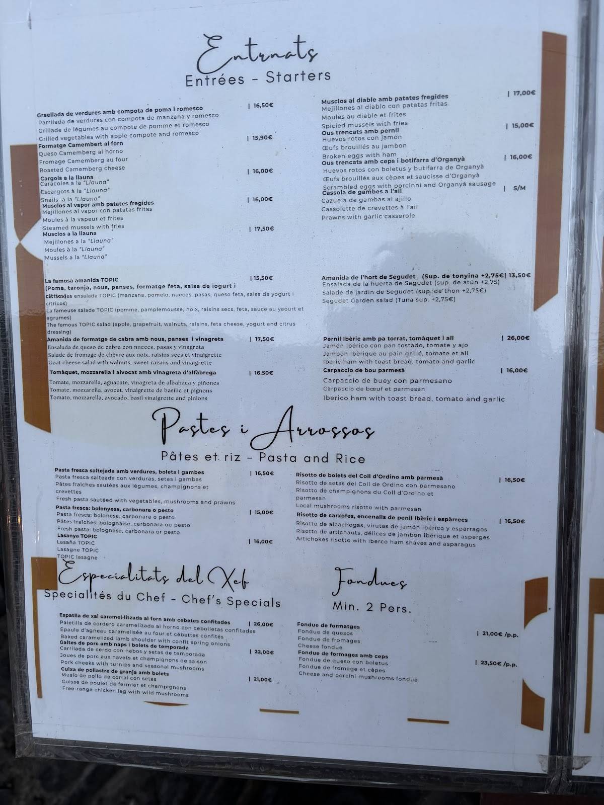 Menu de Topic Restaurant (Ordino)