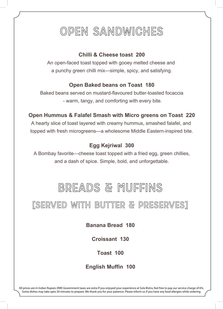 SOLA Bistro & Bar menu