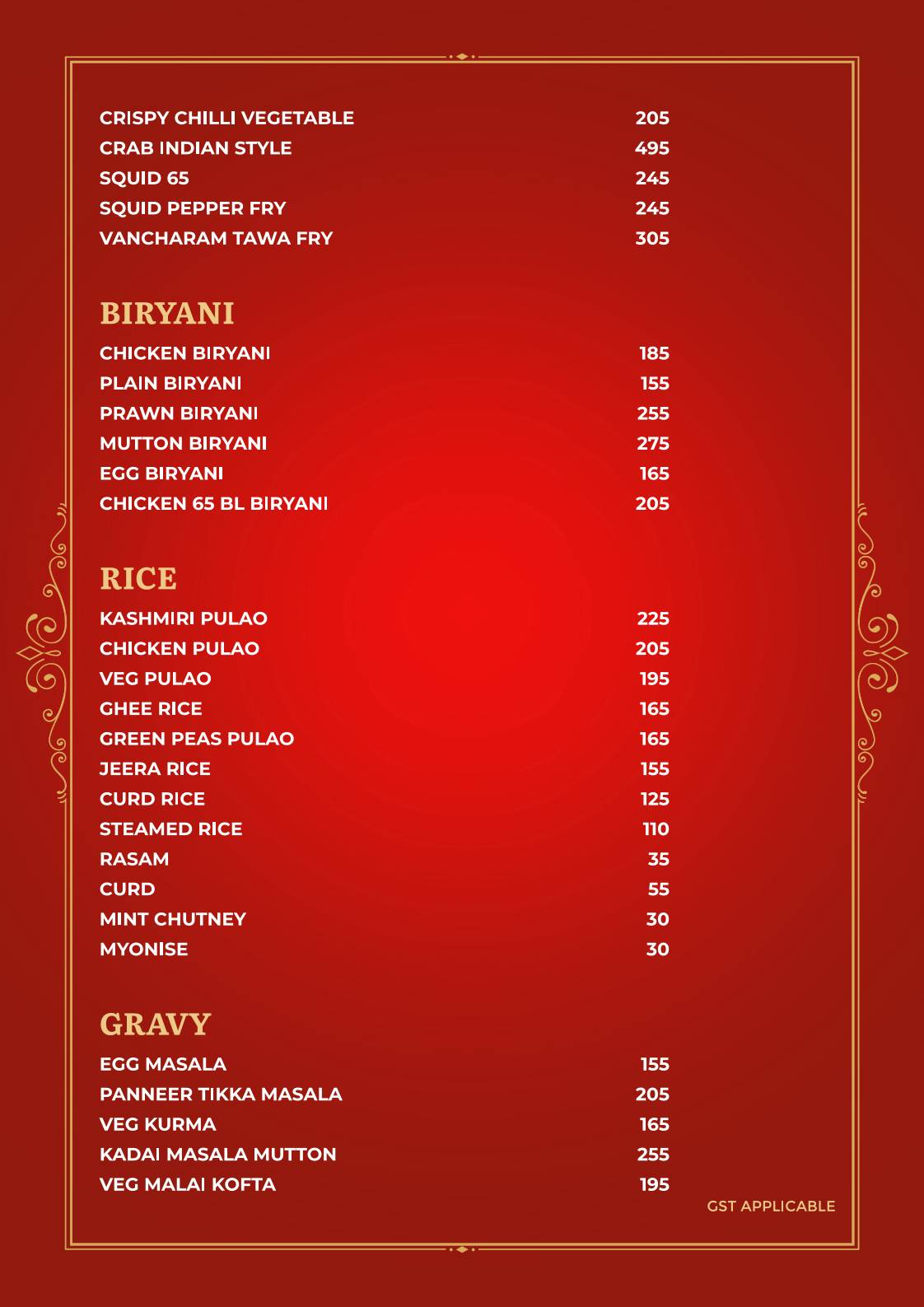 Thiru's Hot Kitchen Restaurant menu