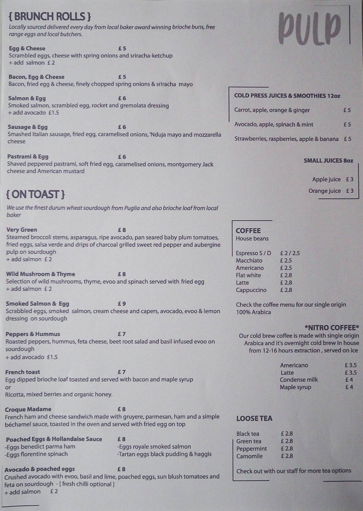 Menu at Pulp restaurant, Glasgow
