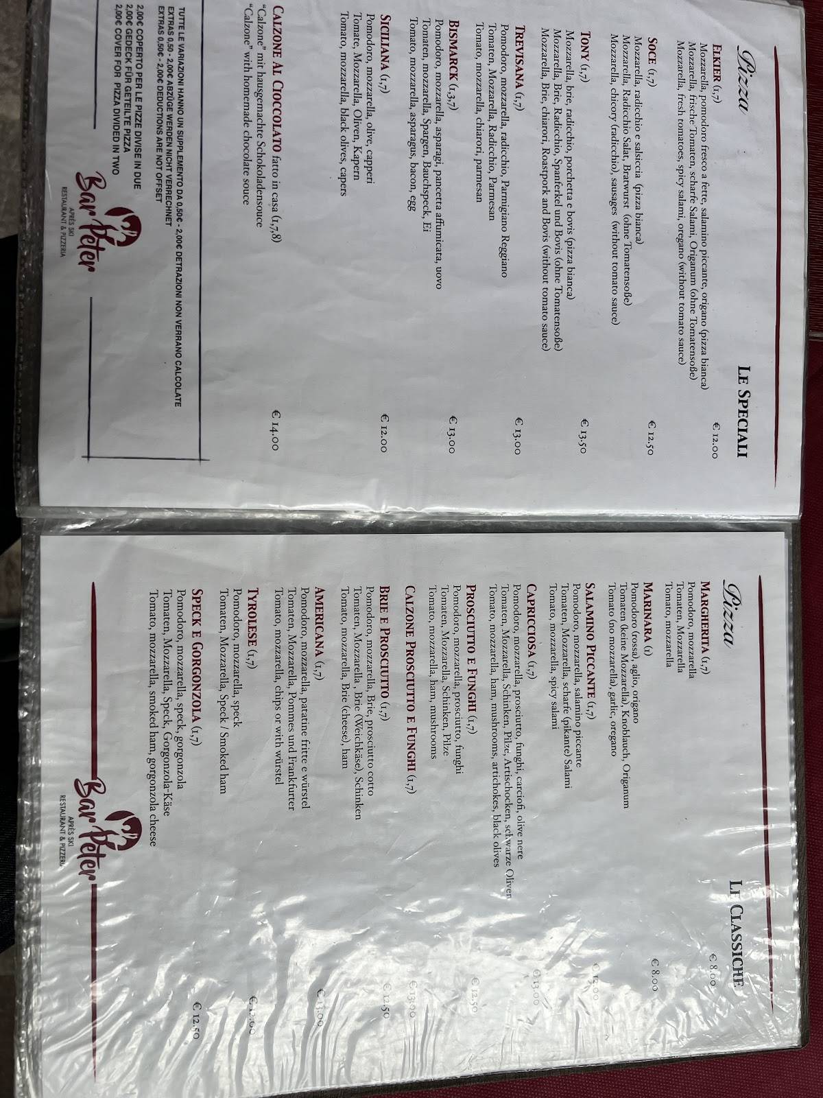 Menu di RESTAURANT BAR PETER PIZZERIA APRES SKI 